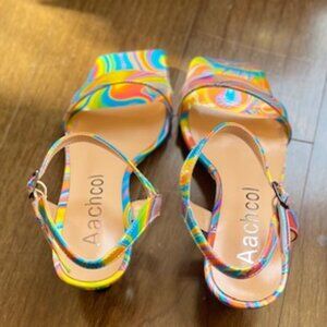 Aachcol Womens Square Toe Wedge Rainbow Swirl size 7 US